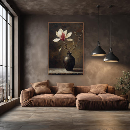 Solitary Magnolia Bronze Vase Still Life wall art in an elegant modern room – cream and crimson magnolia blossom