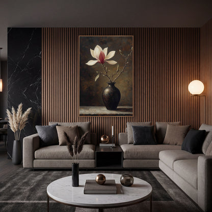 Solitary Magnolia Bronze Vase Still Life wall art in an elegant modern room – cream and crimson magnolia blossom