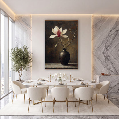 Solitary Magnolia Bronze Vase Still Life wall art in an elegant modern room – cream and crimson magnolia blossom