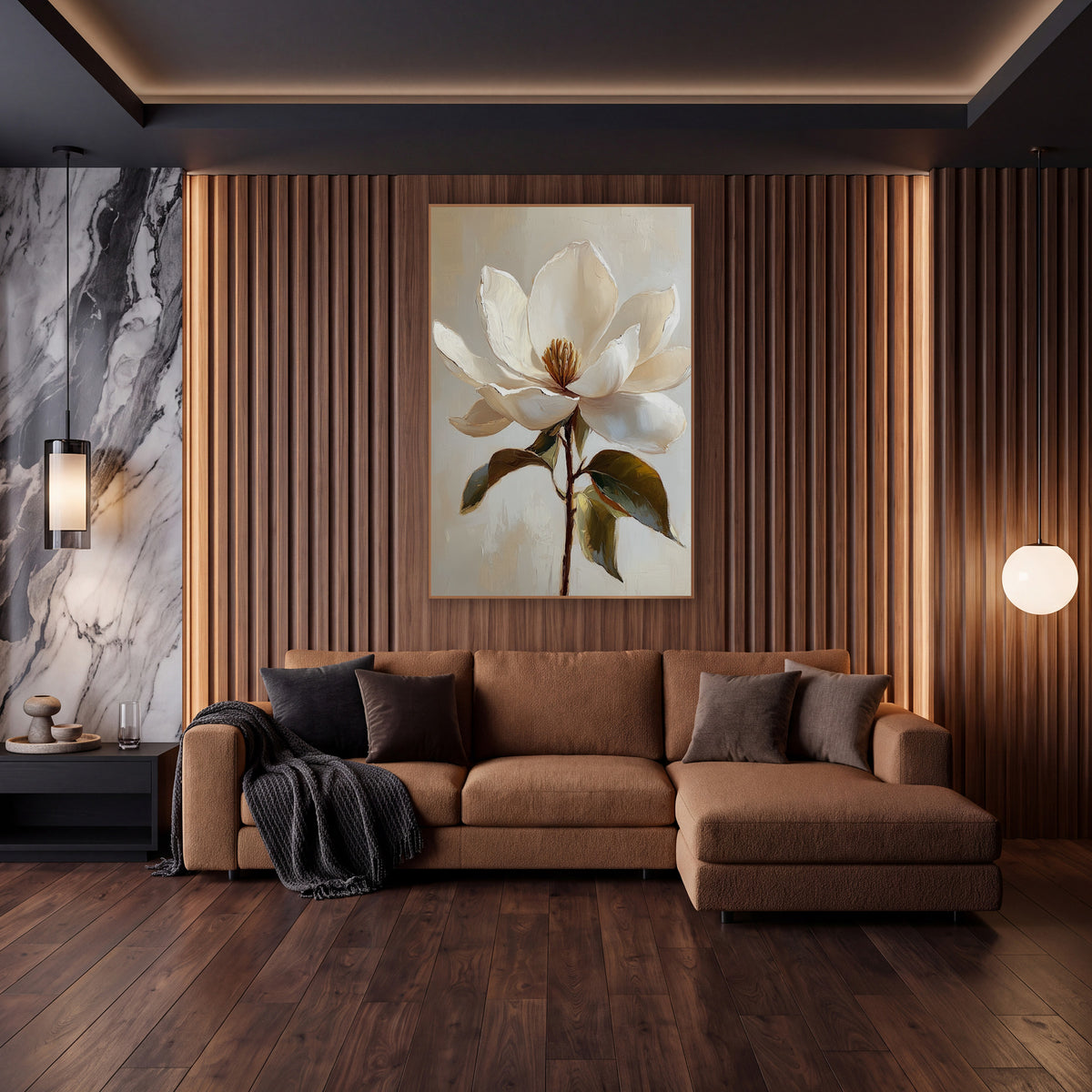Ivory Magnolia Bloom Botanical wall art in an elegant modern room – large cream-white magnolia flower with golden