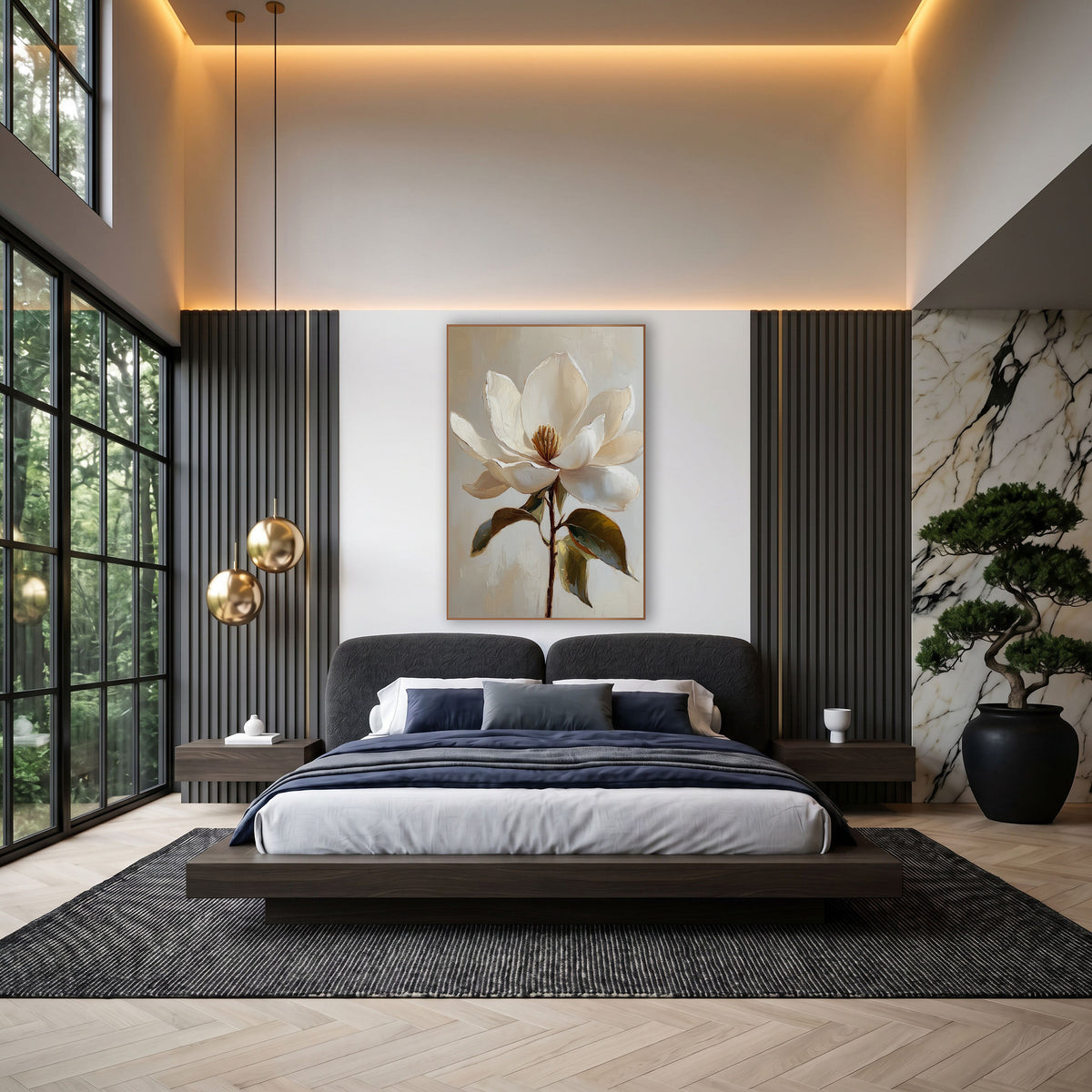 Ivory Magnolia Bloom Botanical wall art in an elegant modern room – large cream-white magnolia flower with golden