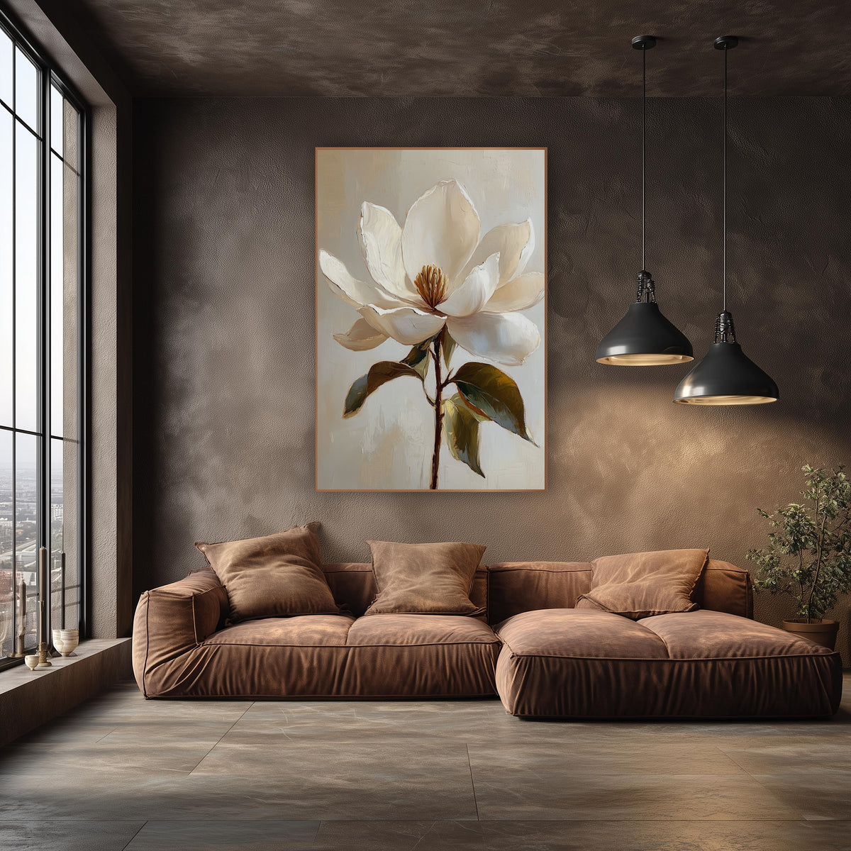 Ivory Magnolia Bloom Botanical wall art in an elegant modern room – large cream-white magnolia flower with golden