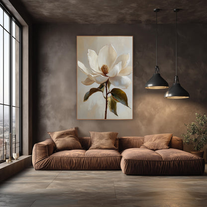 Ivory Magnolia Bloom Botanical wall art in an elegant modern room – large cream-white magnolia flower with golden