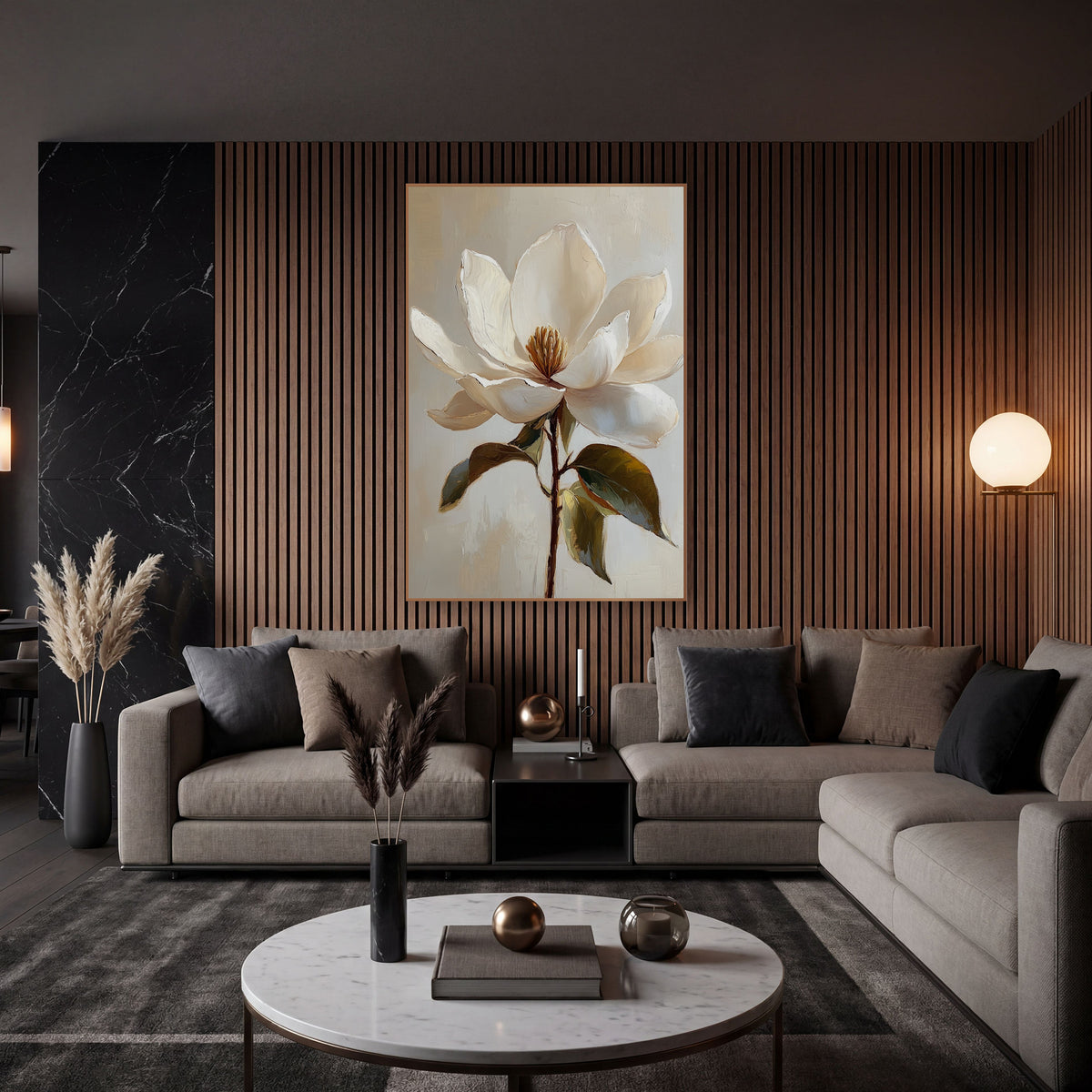 Ivory Magnolia Bloom Botanical wall art in an elegant modern room – large cream-white magnolia flower with golden