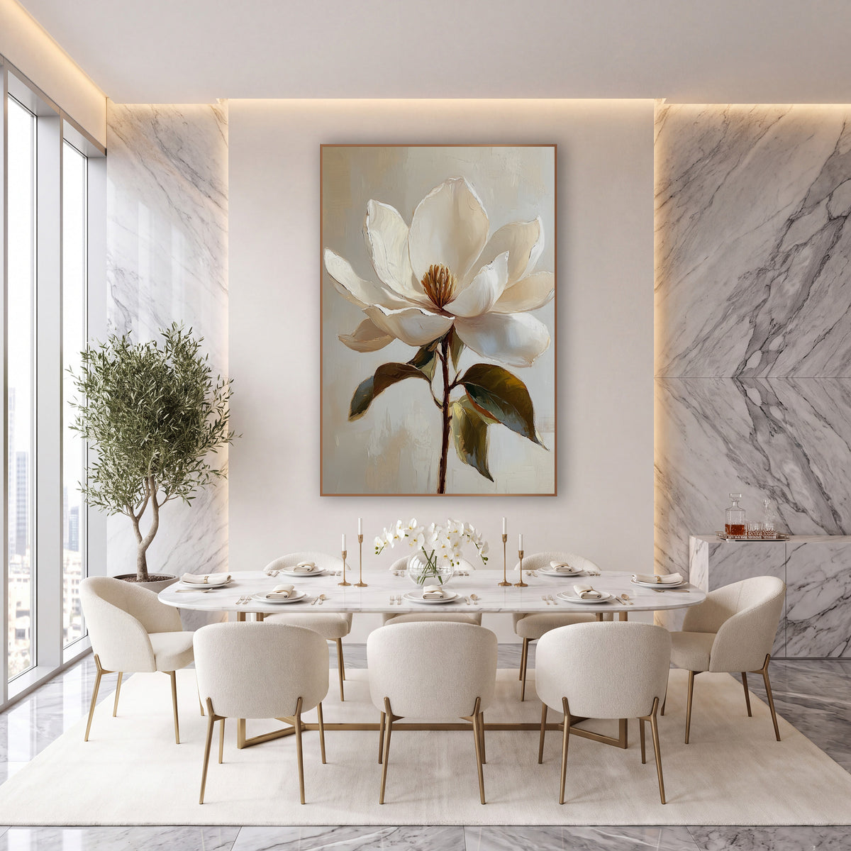 Ivory Magnolia Bloom Botanical wall art in an elegant modern room – large cream-white magnolia flower with golden