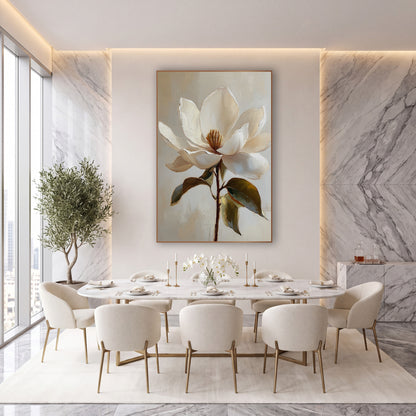 Ivory Magnolia Bloom Botanical wall art in an elegant modern room – large cream-white magnolia flower with golden