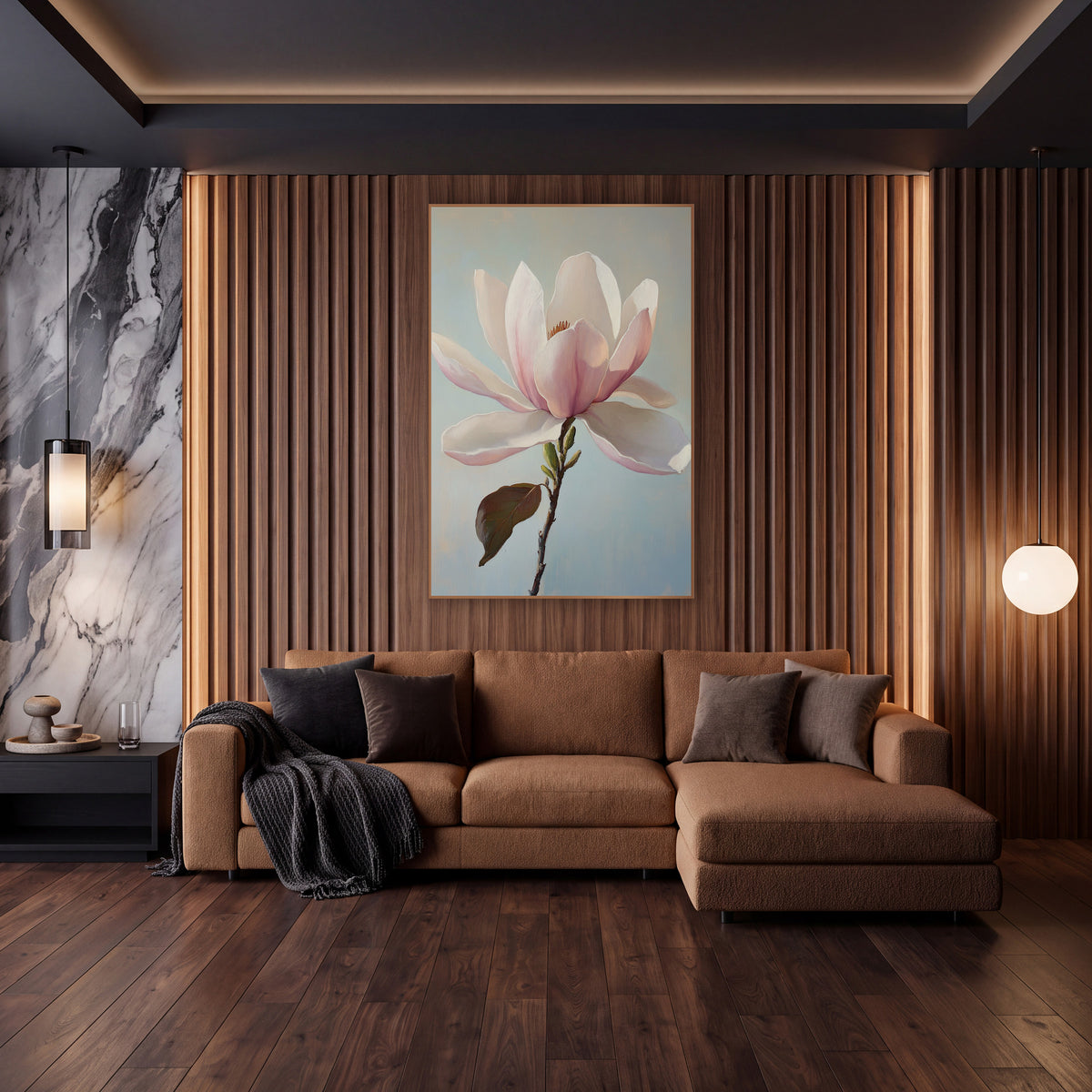 Blush Magnolia Bloom Botanical Luxe wall art in an elegant modern room – large blush pink and cream magnolia blossom