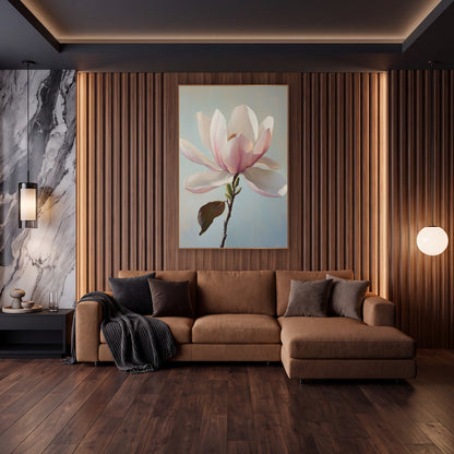 Blush Magnolia Bloom Botanical Luxe wall art in an elegant modern room – large blush pink and cream magnolia blossom