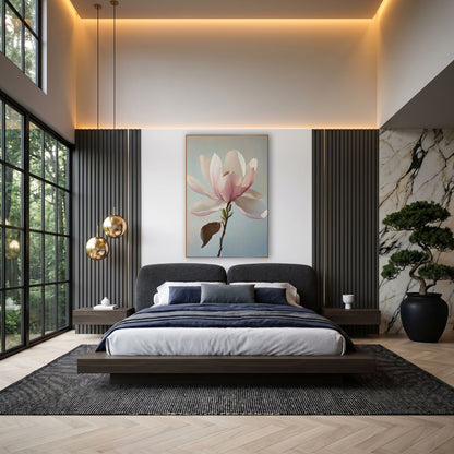 Blush Magnolia Bloom Botanical Luxe wall art in an elegant modern room – large blush pink and cream magnolia blossom