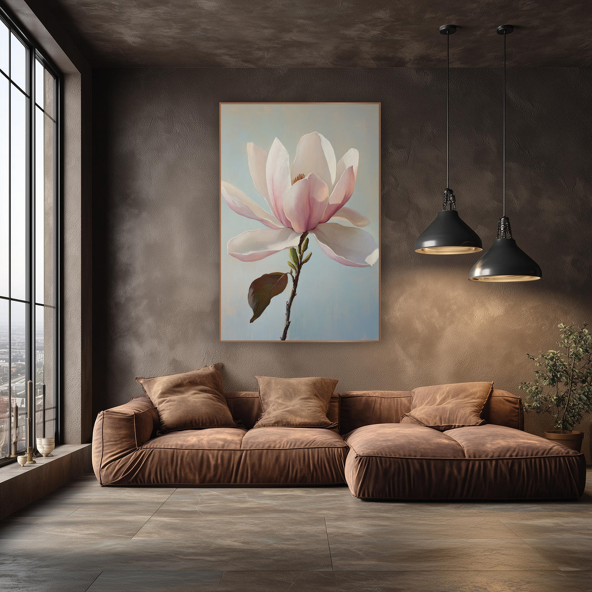 Blush Magnolia Bloom Botanical Luxe wall art in an elegant modern room – large blush pink and cream magnolia blossom