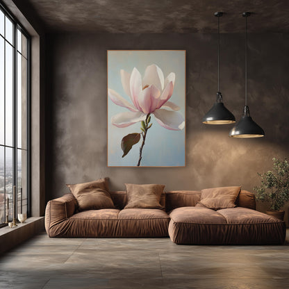 Blush Magnolia Bloom Botanical Luxe wall art in an elegant modern room – large blush pink and cream magnolia blossom