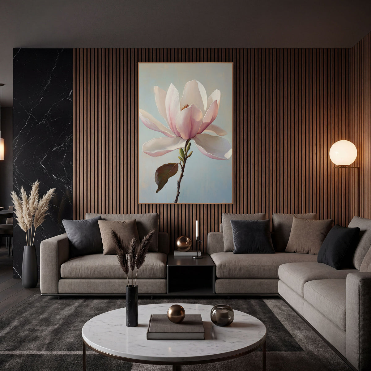 Blush Magnolia Bloom Botanical Luxe wall art in an elegant modern room – large blush pink and cream magnolia blossom