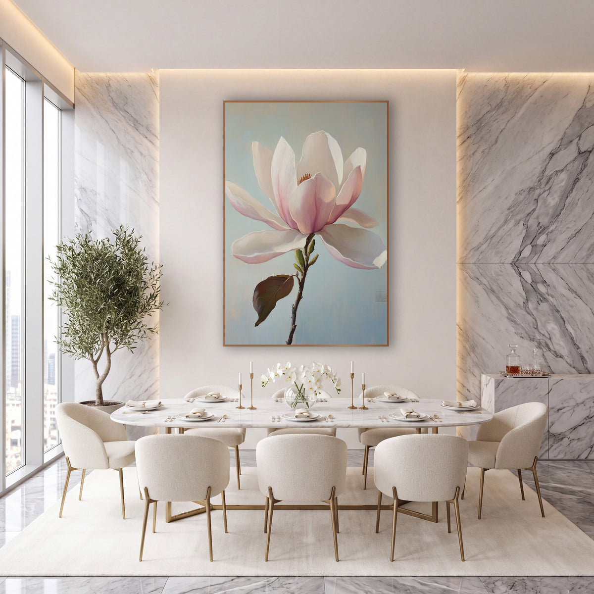 Blush Magnolia Bloom Botanical Luxe wall art in an elegant modern room – large blush pink and cream magnolia blossom