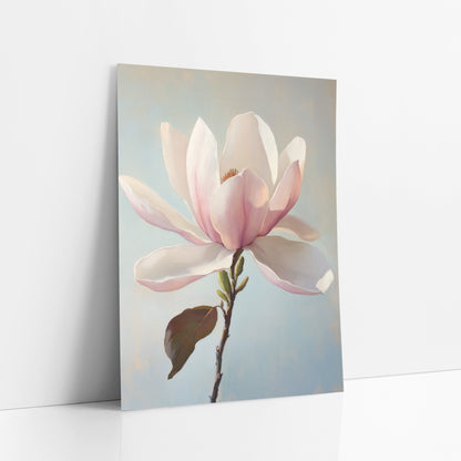 Blush Magnolia Bloom Botanical Luxe art print leaning against a white wall – large blush pink and cream magnolia blossom