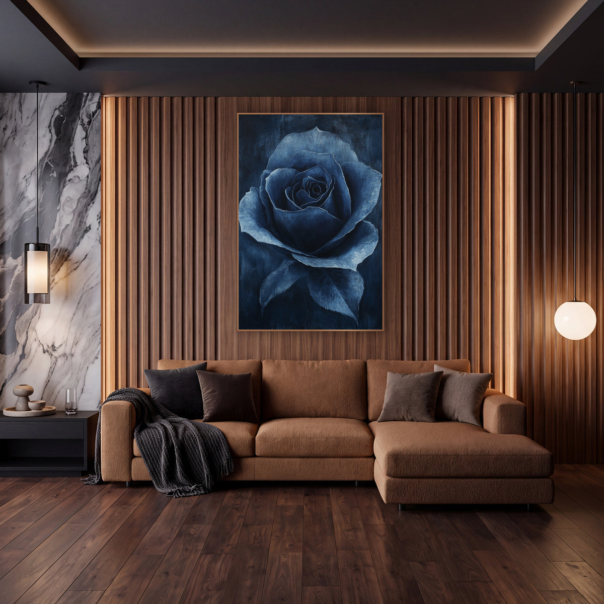 Midnight Navy Rose Floral Luxe wall art in an elegant modern room – single navy blue rose in full bloom with pale blue