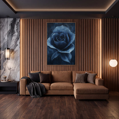 Midnight Navy Rose Floral Luxe wall art in an elegant modern room – single navy blue rose in full bloom with pale blue