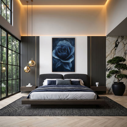 Midnight Navy Rose Floral Luxe wall art in an elegant modern room – single navy blue rose in full bloom with pale blue