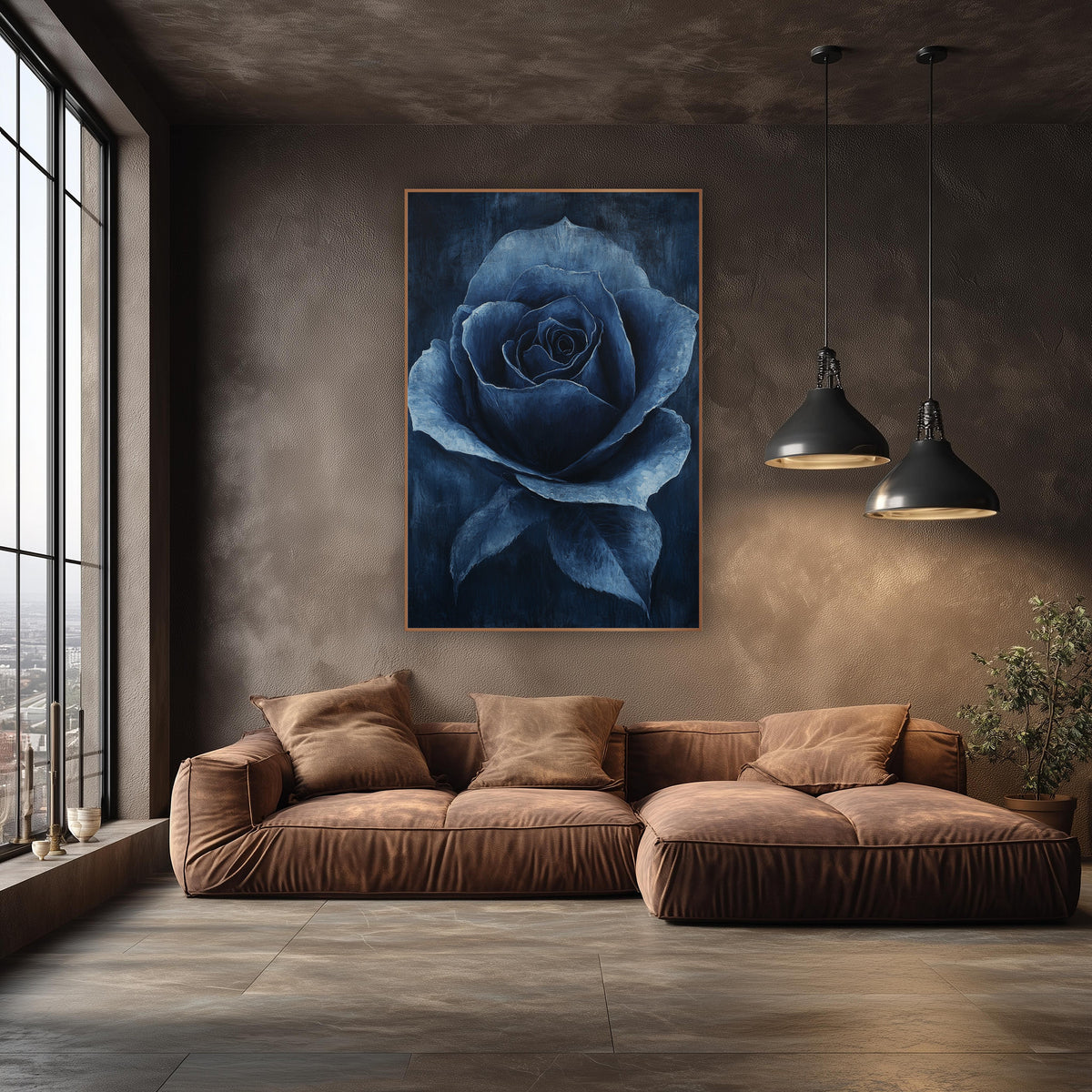 Midnight Navy Rose Floral Luxe wall art in an elegant modern room – single navy blue rose in full bloom with pale blue