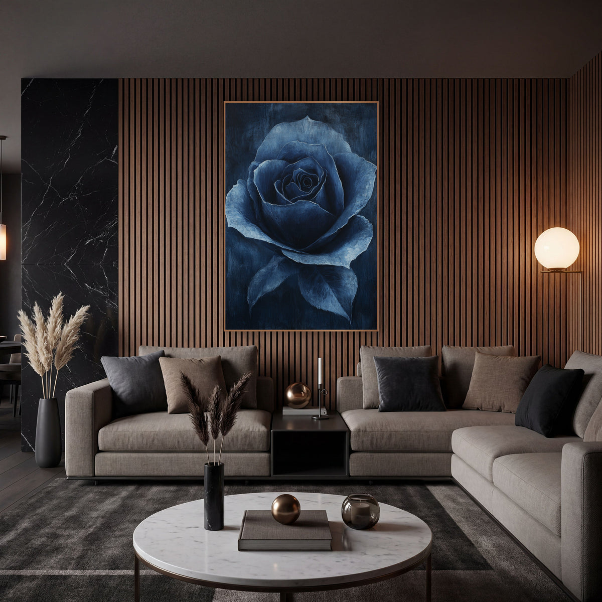 Midnight Navy Rose Floral Luxe wall art in an elegant modern room – single navy blue rose in full bloom with pale blue