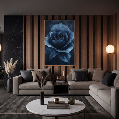 Midnight Navy Rose Floral Luxe wall art in an elegant modern room – single navy blue rose in full bloom with pale blue