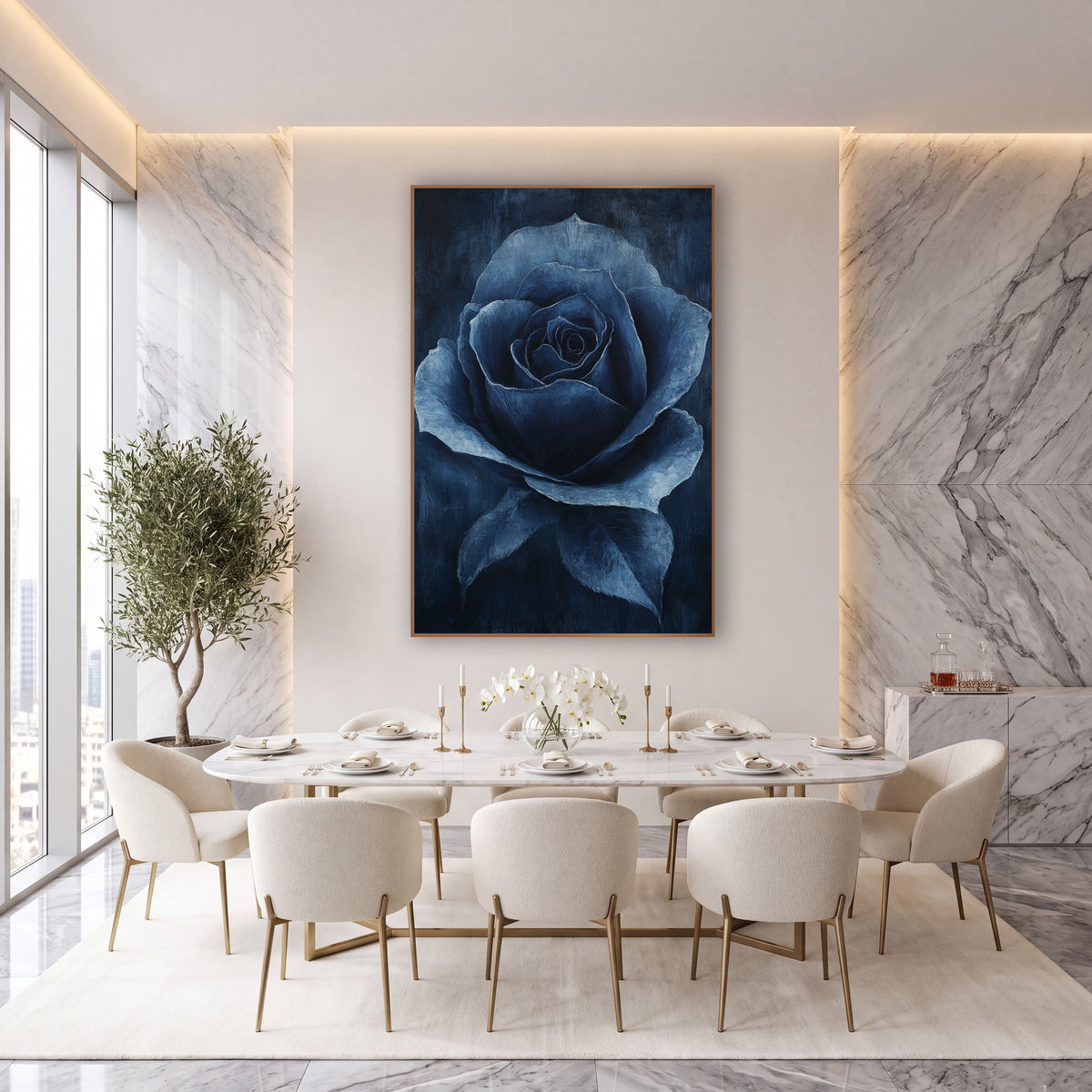 Midnight Navy Rose Floral Luxe wall art in an elegant modern room – single navy blue rose in full bloom with pale blue