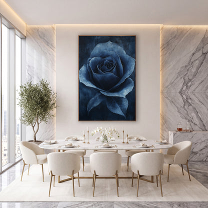 Midnight Navy Rose Floral Luxe wall art in an elegant modern room – single navy blue rose in full bloom with pale blue