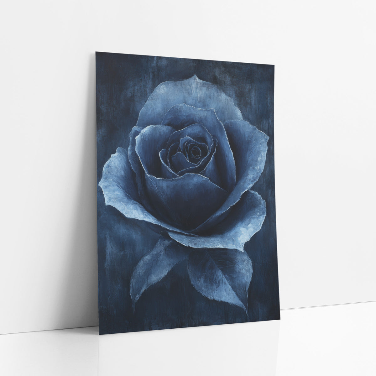 Midnight Navy Rose Floral Luxe art print leaning against a white wall – single navy blue rose in full bloom with pale blue