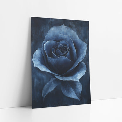 Midnight Navy Rose Floral Luxe art print leaning against a white wall – single navy blue rose in full bloom with pale blue