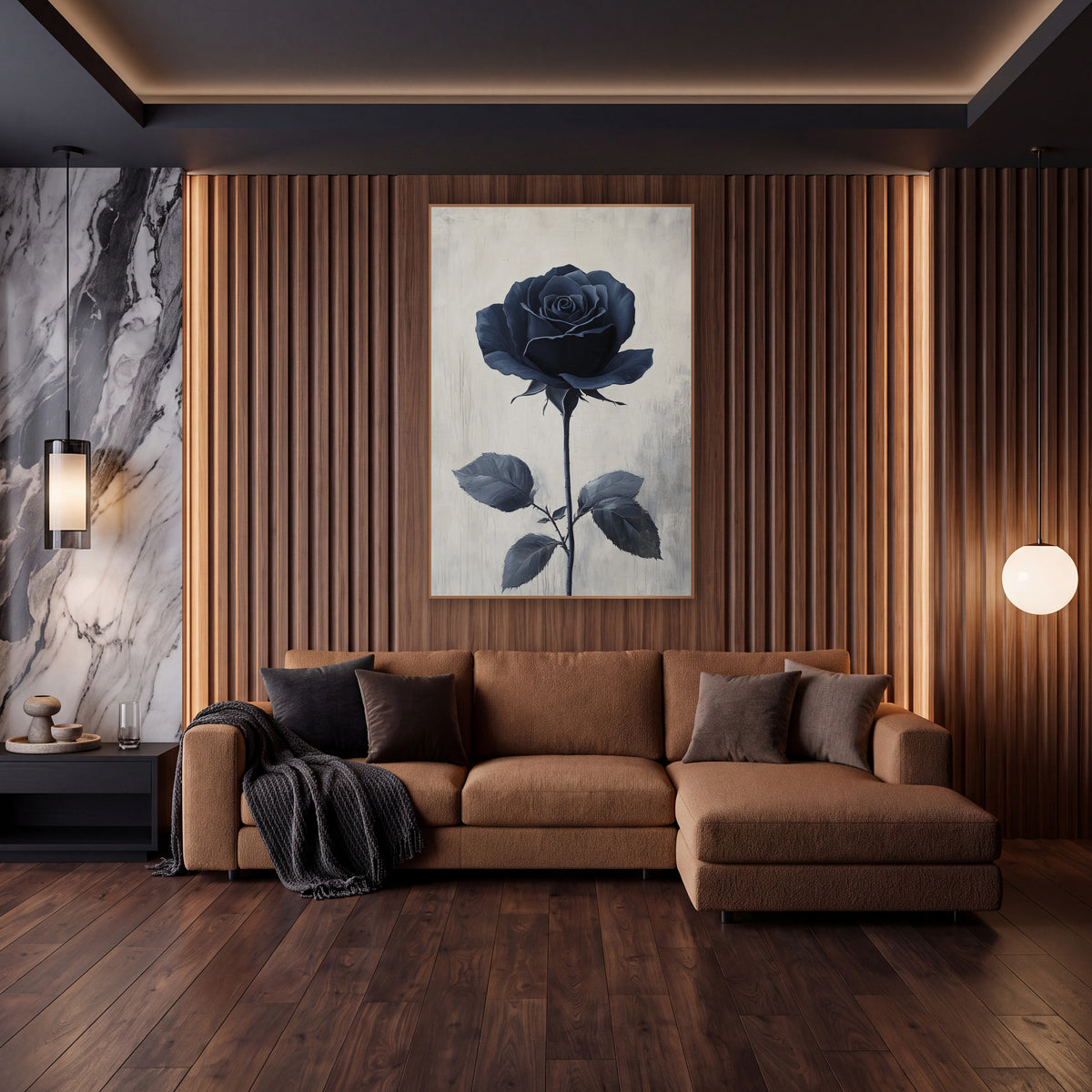 Navy Rose Tall Stem Minimal wall art in an elegant modern room – single navy blue rose in full bloom on a long thorned