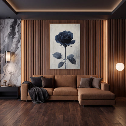 Navy Rose Tall Stem Minimal wall art in an elegant modern room – single navy blue rose in full bloom on a long thorned