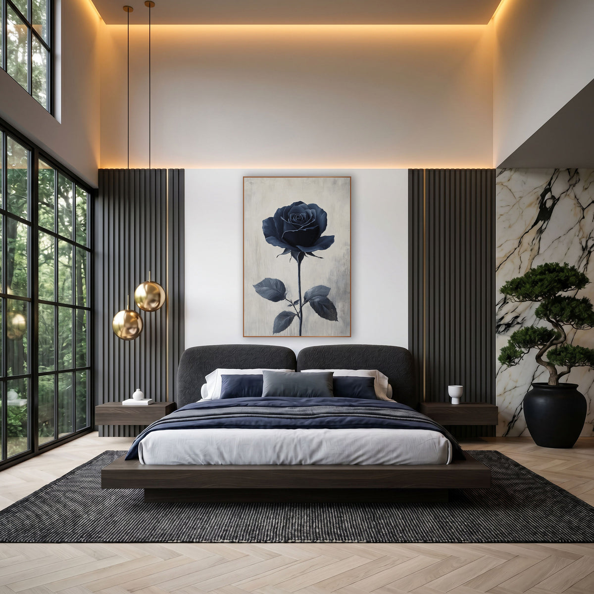 Navy Rose Tall Stem Minimal wall art in an elegant modern room – single navy blue rose in full bloom on a long thorned