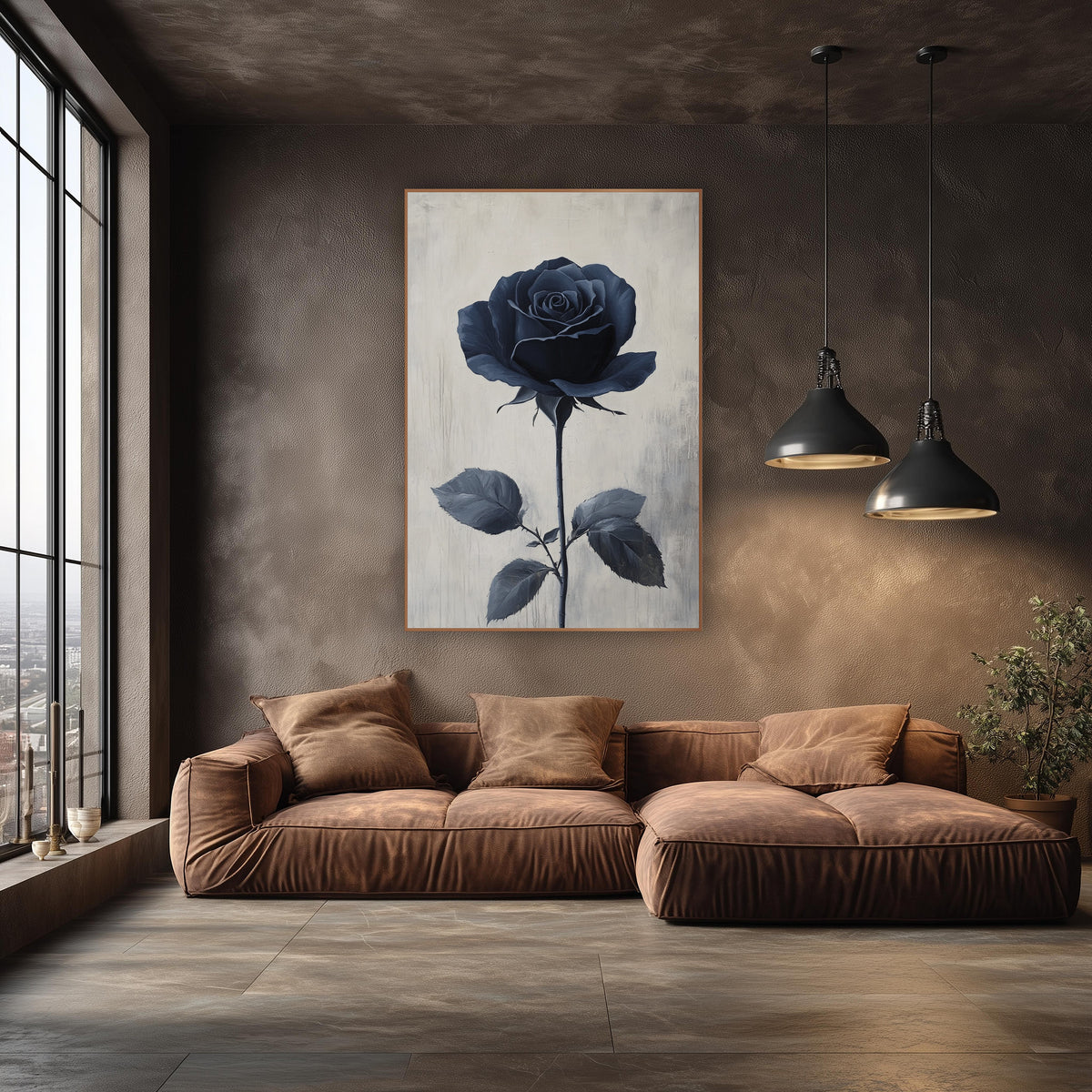 Navy Rose Tall Stem Minimal wall art in an elegant modern room – single navy blue rose in full bloom on a long thorned