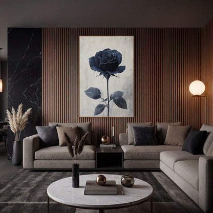 Navy Rose Tall Stem Minimal wall art in an elegant modern room – single navy blue rose in full bloom on a long thorned