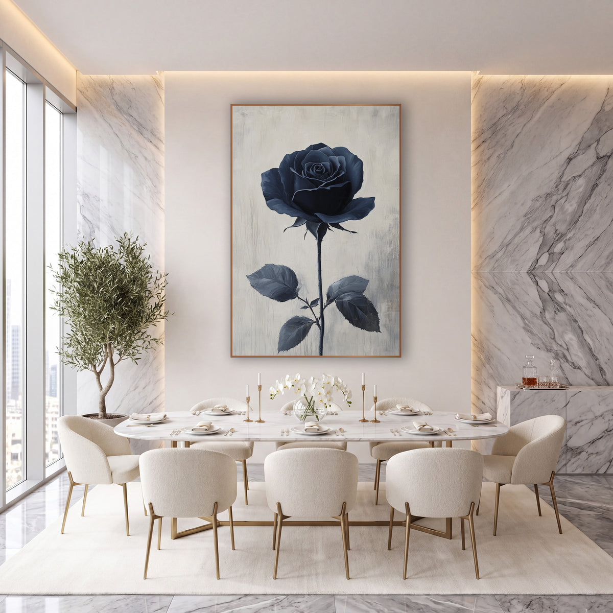 Navy Rose Tall Stem Minimal wall art in an elegant modern room – single navy blue rose in full bloom on a long thorned