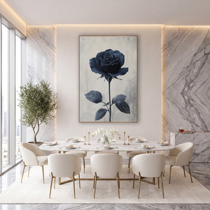 Navy Rose Tall Stem Minimal wall art in an elegant modern room – single navy blue rose in full bloom on a long thorned