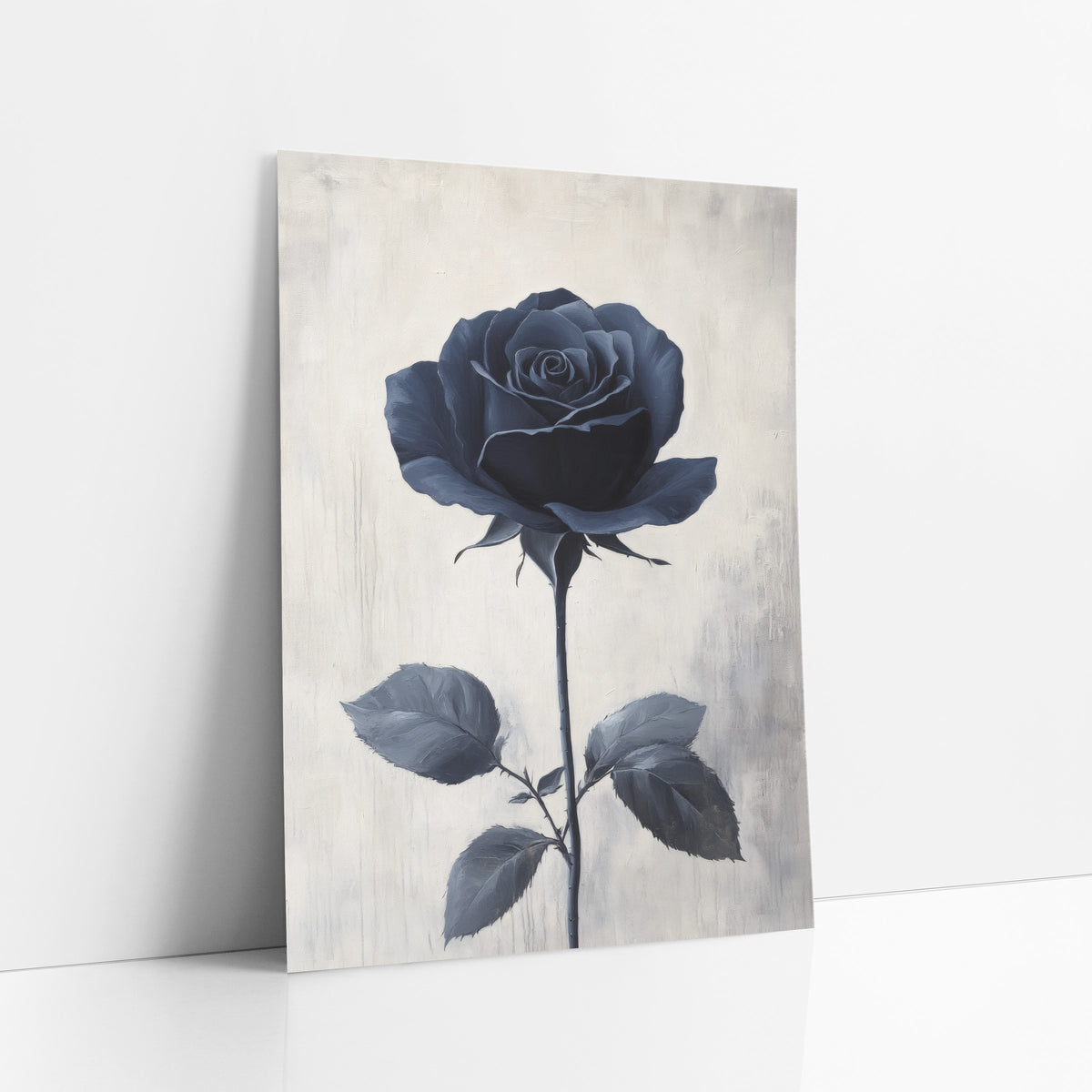 Navy Rose Tall Stem Minimal art print leaning against a white wall – single navy blue rose in full bloom on a long thorned