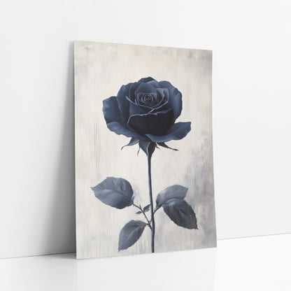 Navy Rose Tall Stem Minimal art print leaning against a white wall – single navy blue rose in full bloom on a long thorned