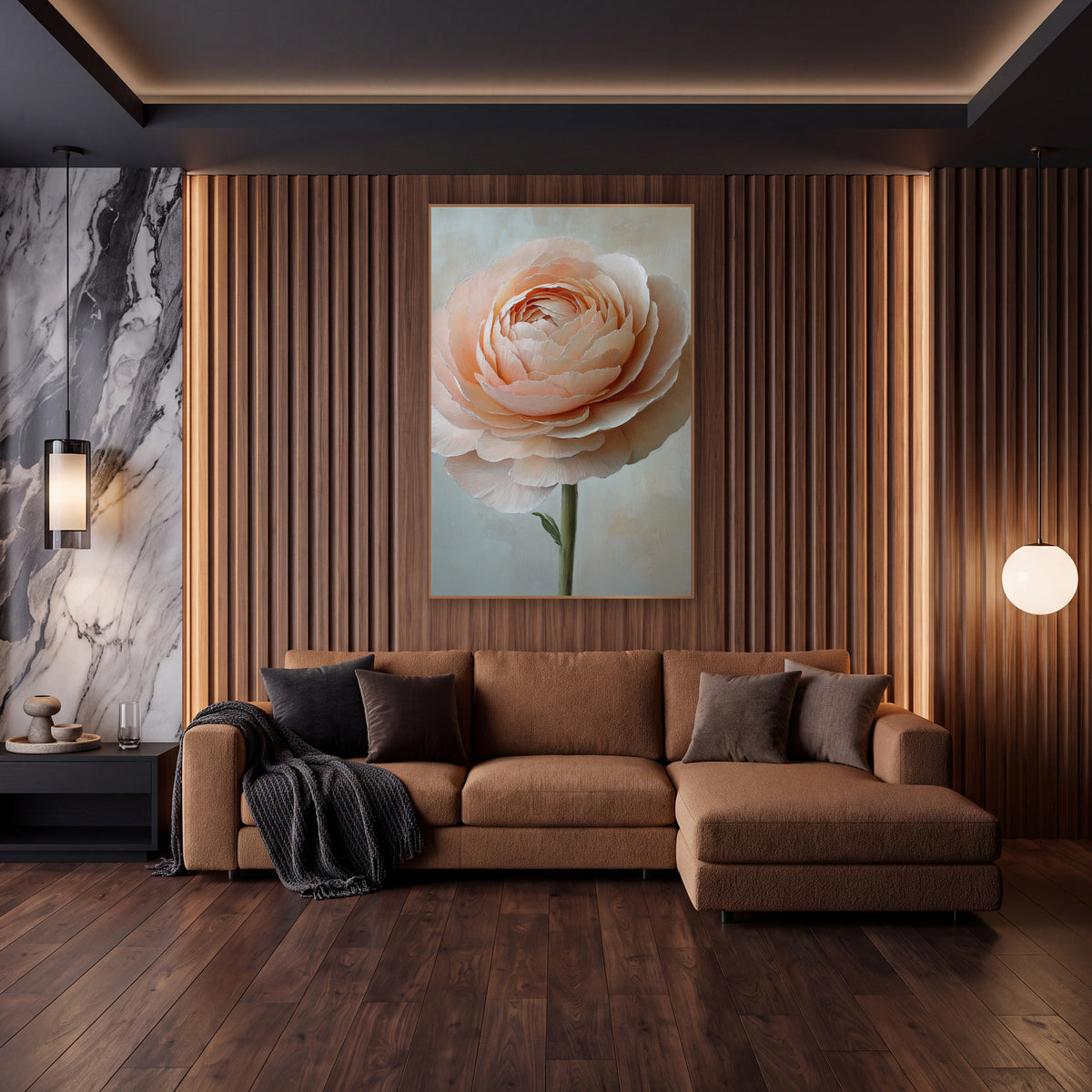 Blush Peach Ranunculus Floral Elegant wall art in an elegant modern room – single blush peach ranunculus with layered