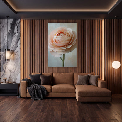 Blush Peach Ranunculus Floral Elegant wall art in an elegant modern room – single blush peach ranunculus with layered