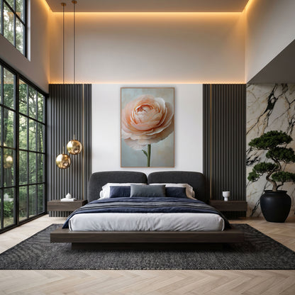 Blush Peach Ranunculus Floral Elegant wall art in an elegant modern room – single blush peach ranunculus with layered