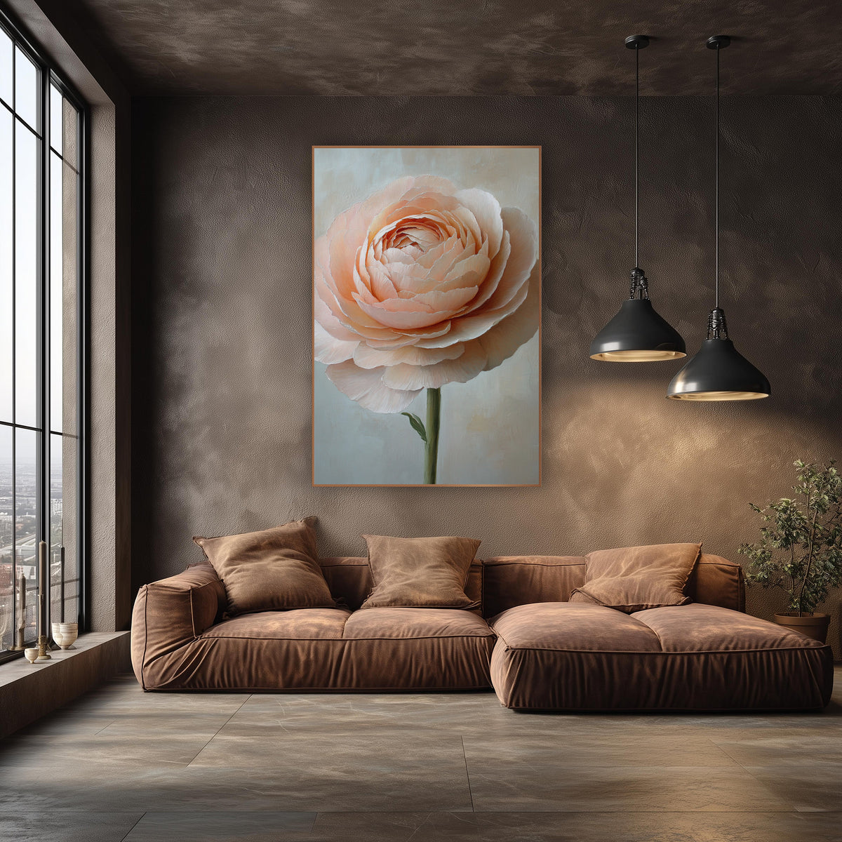 Blush Peach Ranunculus Floral Elegant wall art in an elegant modern room – single blush peach ranunculus with layered