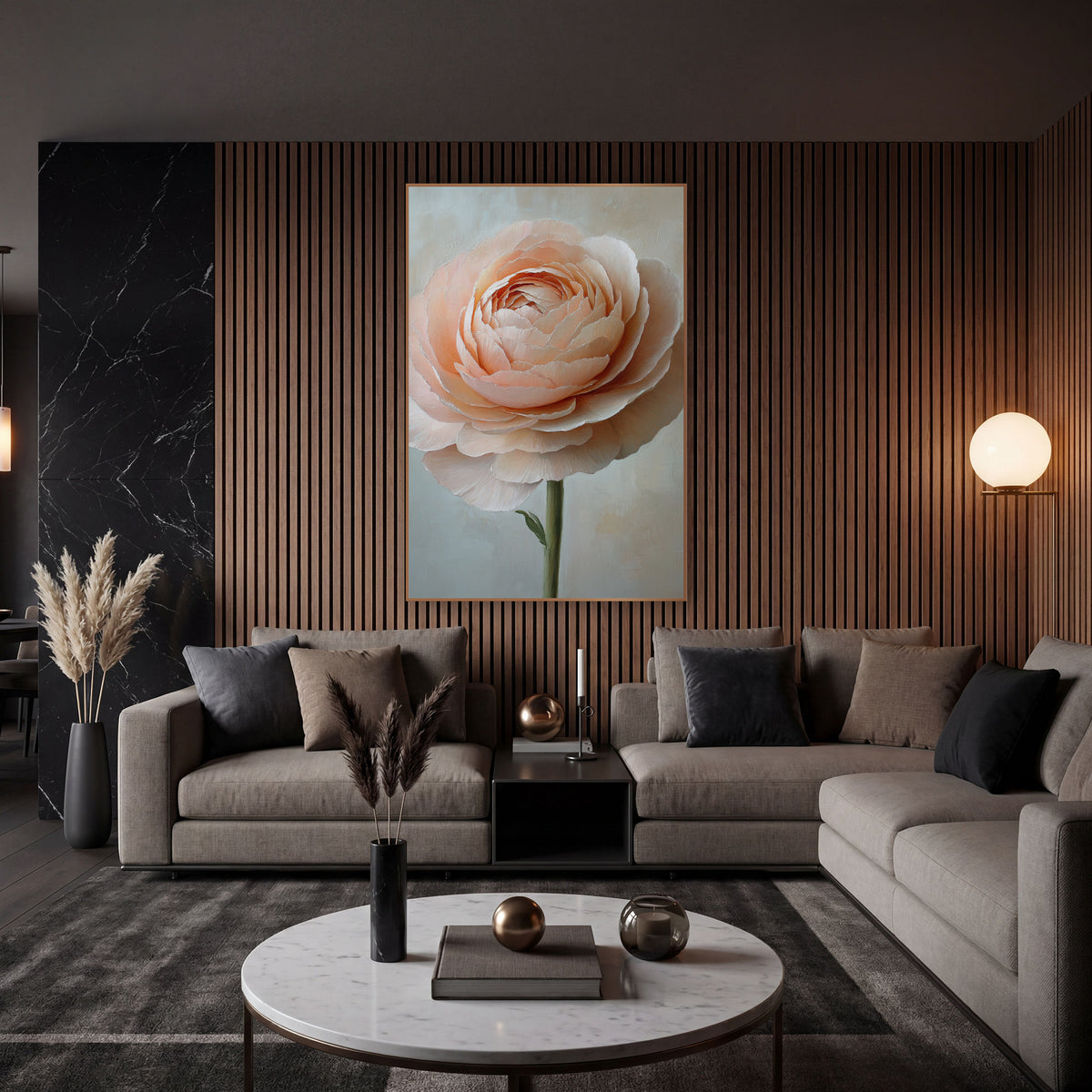 Blush Peach Ranunculus Floral Elegant wall art in an elegant modern room – single blush peach ranunculus with layered