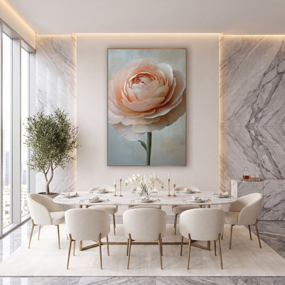 Blush Peach Ranunculus Floral Elegant wall art in an elegant modern room – single blush peach ranunculus with layered