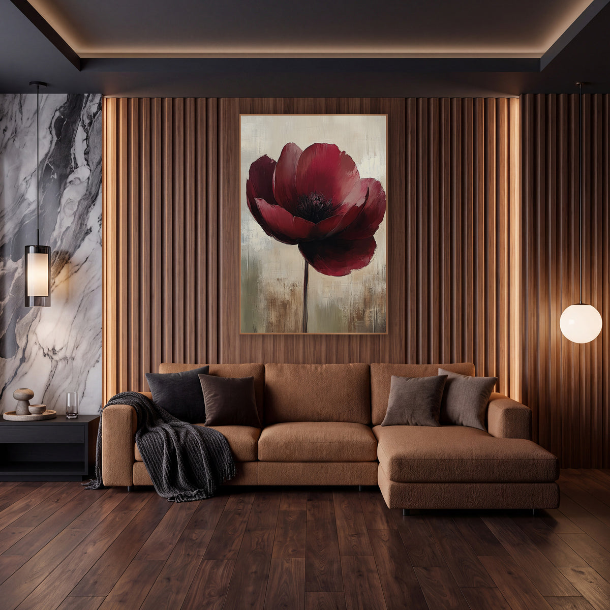 Crimson Poppy Stem Impressionist wall art in an elegant modern room – single deep burgundy bloom with dark center