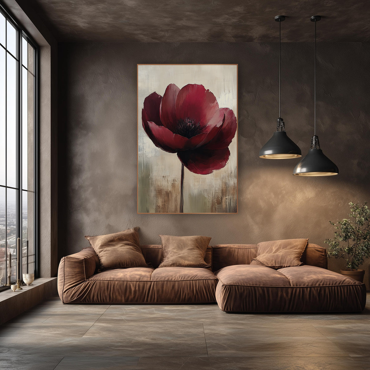 Crimson Poppy Stem Impressionist wall art in an elegant modern room – single deep burgundy bloom with dark center