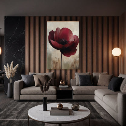 Crimson Poppy Stem Impressionist wall art in an elegant modern room – single deep burgundy bloom with dark center