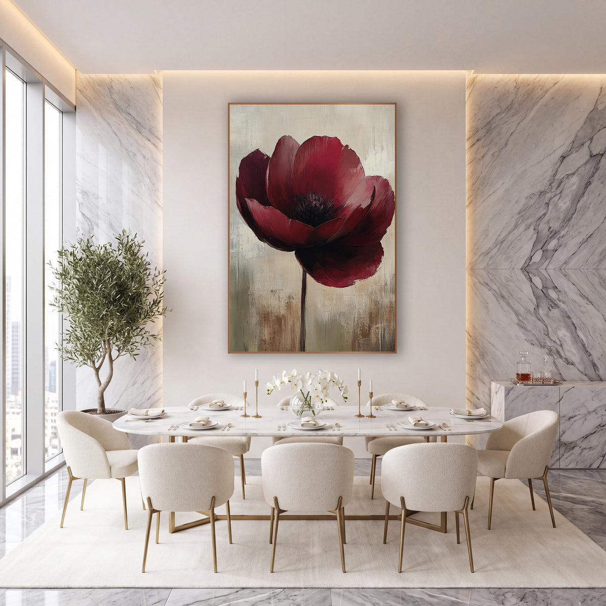 Crimson Poppy Stem Impressionist wall art in an elegant modern room – single deep burgundy bloom with dark center