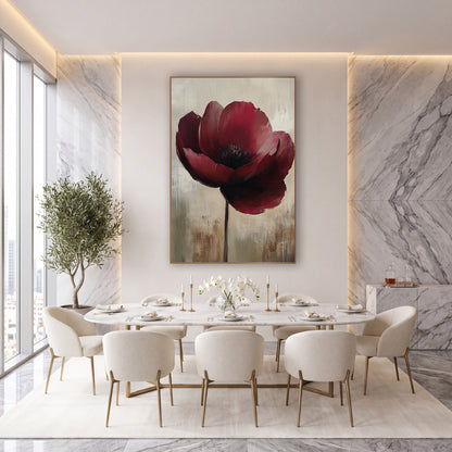 Crimson Poppy Stem Impressionist wall art in an elegant modern room – single deep burgundy bloom with dark center