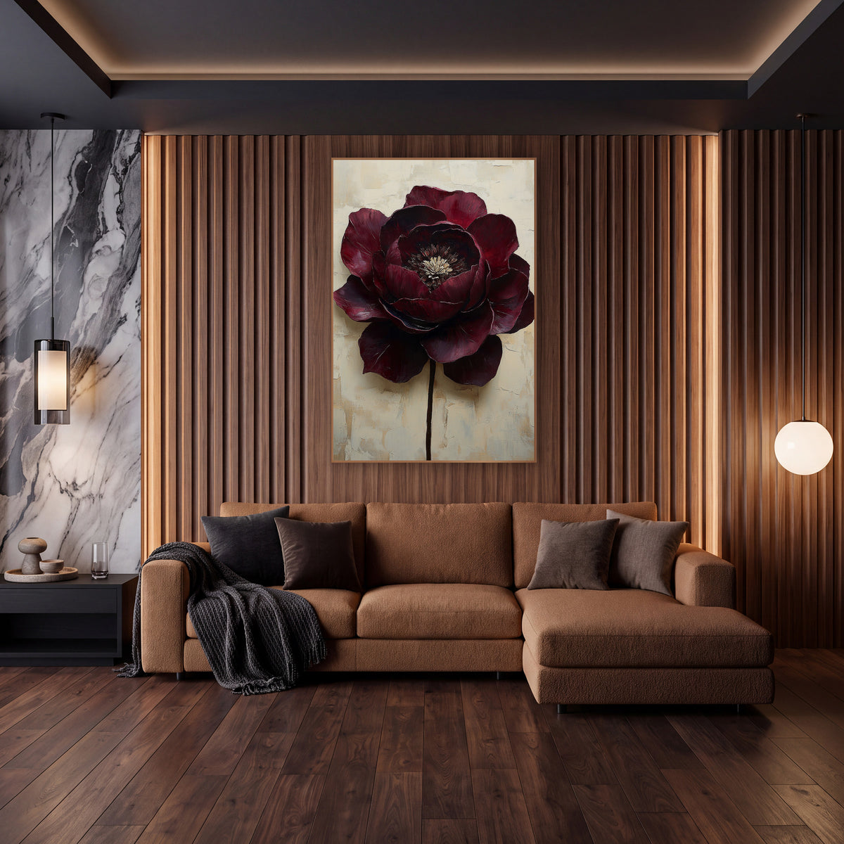 Burgundy Bloom Modern Luxe wall art in an elegant modern room – large burgundy flower with layered petals and cream