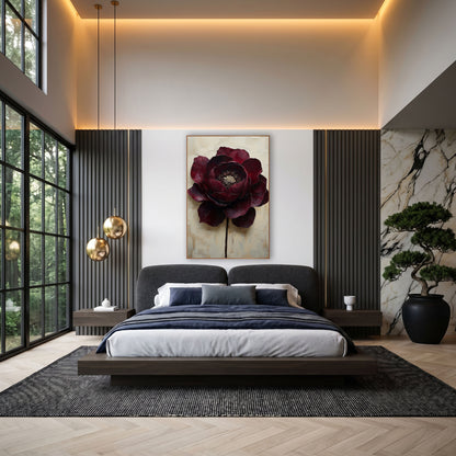 Burgundy Bloom Modern Luxe wall art in an elegant modern room – large burgundy flower with layered petals and cream